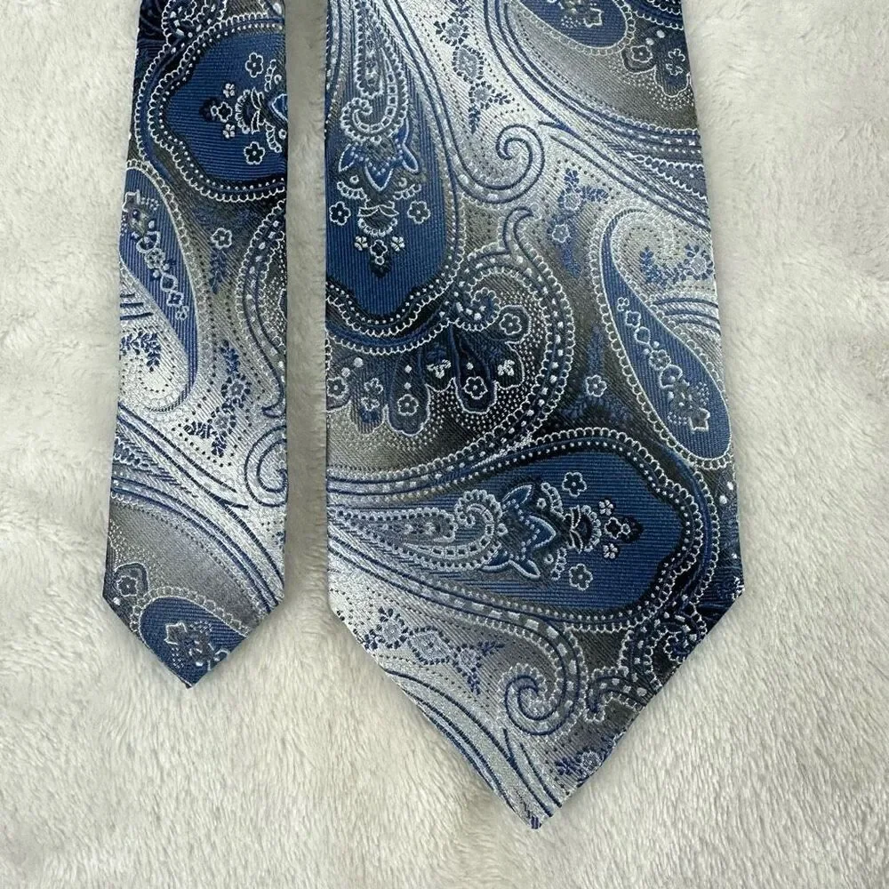 Pronto Uomo Men's 100% Silk Paisley Print Necktie Blue Gray Silver Dressy Wester